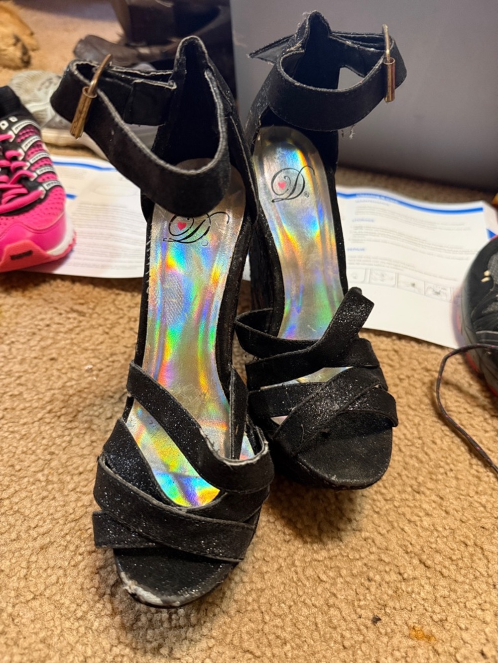Delicious Black Glitter Strappy Ankle‑Strap Heels